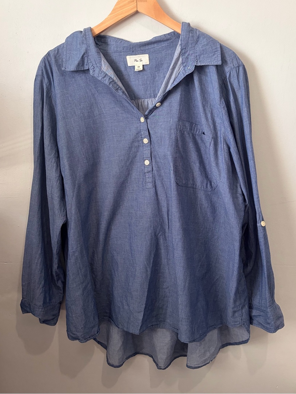 Per Se Chambray Denim Blue Lightweight Cotton Roll Tab Tunic Blouse 2X Coastal - Picture 1 of 4
